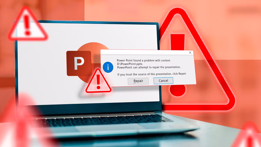 a-laptop-with-the-powerpoint-logo-and-an-error-message-in-front-surrounded-by-some-warning-signs